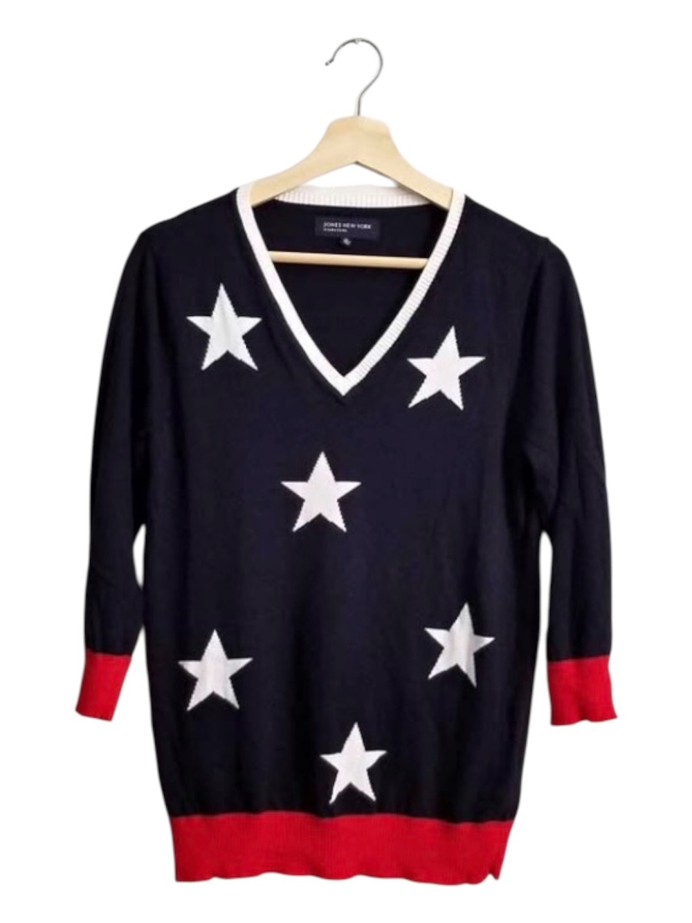 Jones NY M Relax Americana Red White & Blue Preppy Coastal Cool Vneck 3/4 Sleeve